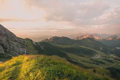 Scenic view of mountains against sky during sunset