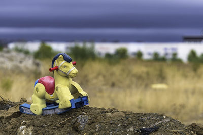 Close-up of stuffed toy on rock