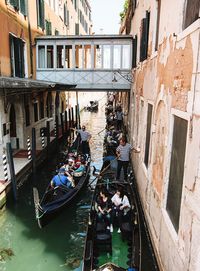 People sitting in canal along buildings