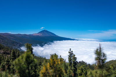 Panoramic view of volcanic landscape against blue sky