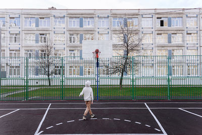 High angle view of people walking on street