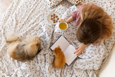 Top side view of happy caucasian girl with her favorite pets. kitten and the pekingese dog