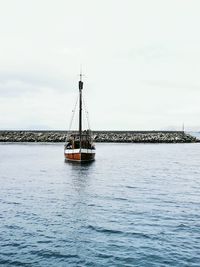 Sailboat sailing on sea against sky