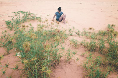 Man sitting on sand at beach