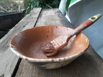 High angle view of ice cream in bowl on table