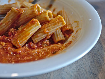 High angle view of pasta in plate on table