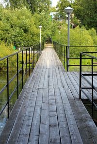 Empty wooden footbridge along trees in park