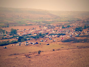 High angle view of people in town