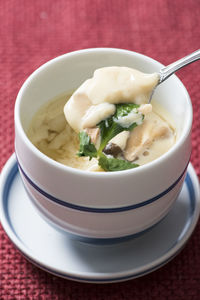 Close-up of soup in bowl on table