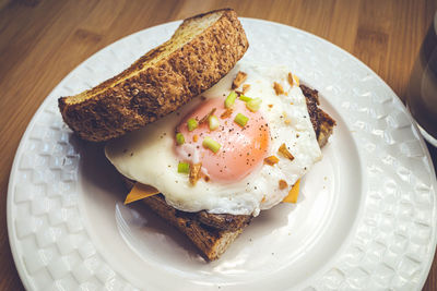 High angle view of breakfast served on table