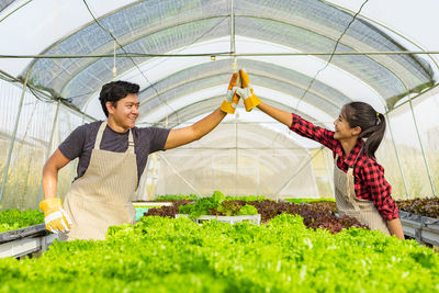 Coworkers giving high five while standing in greenhouse