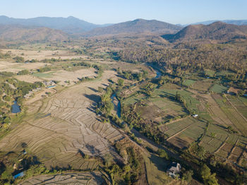 High angle view of agricultural landscape against sky