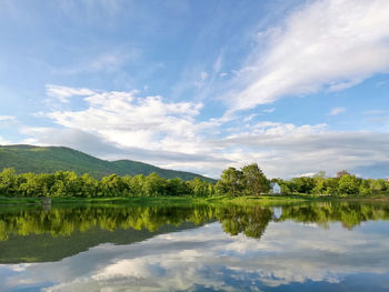 Scenic view of lake against cloudy sky