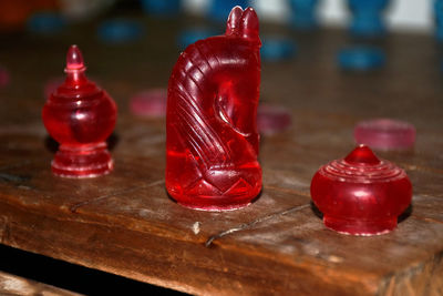 Close-up of chess pieces on table