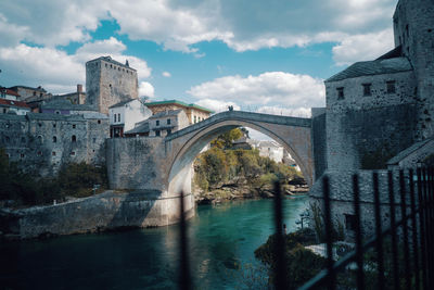 Arch bridge over river against mostar 