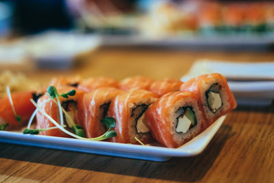 Close-up of sushi in plate on table