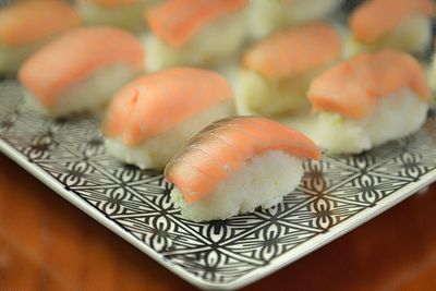 High angle view of sushi on table