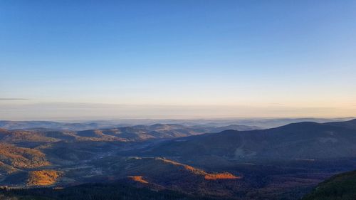 Scenic view of landscape against clear sky during sunset