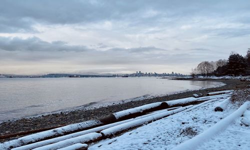 Scenic view of snow covered field against sky