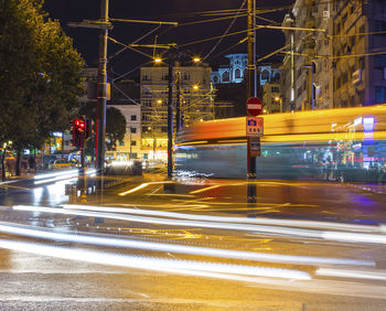 Blurred motion of cable car on road in city at night