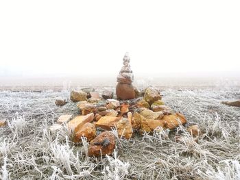 Stack of stones on field against clear sky during winter