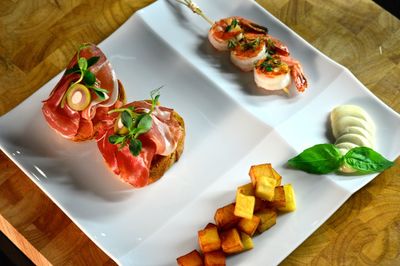 High angle view of food in plate on table