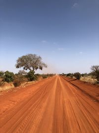 Dirt road amidst trees against sky