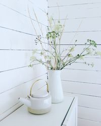 Close-up of potted plant on table against white wall