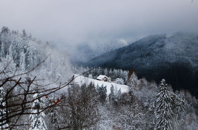 Scenic view of snowcapped mountains against sky during winter