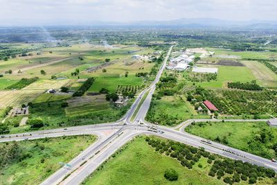 High angle view of agricultural field against sky