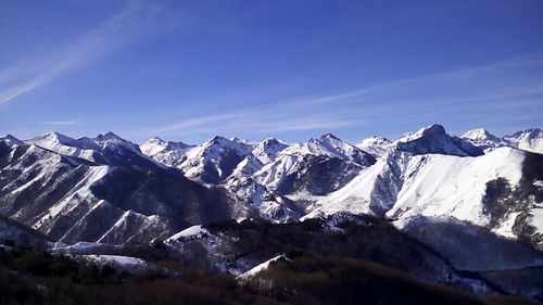 Scenic view of snow covered mountains against sky