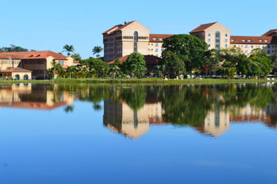 Lake by houses against clear blue sky