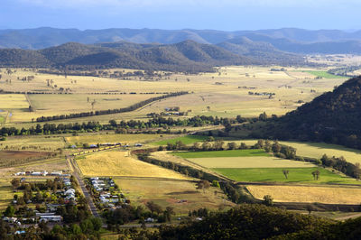 High angle view of field against sky