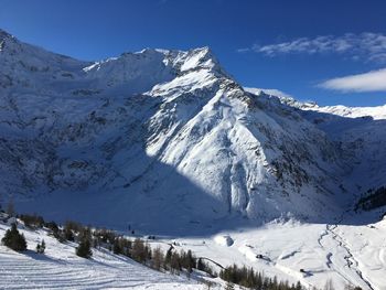 Scenic view of snow covered mountains against sky