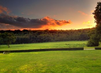 Scenic view of grassy field against cloudy sky