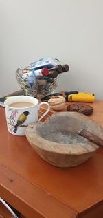 High angle view of coffee cup on table