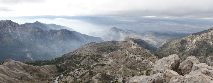 Panoramic view of landscape and mountains against sky