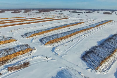 High angle view of snow covered land