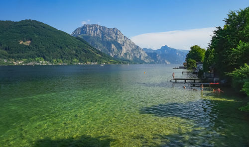 Scenic view of lake and mountains against sky