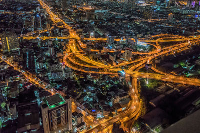 Aerial shot of illuminated cityscape