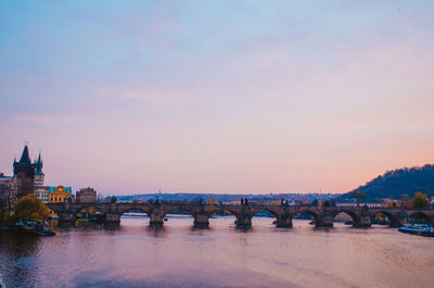 Bridge over river against buildings during sunset