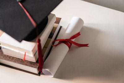 High angle view of book on table