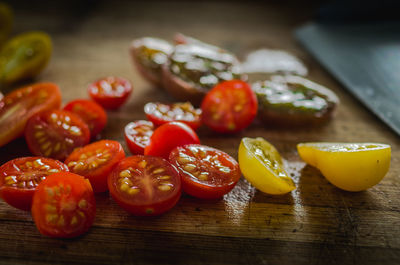 Close-up of chopped fruits on table