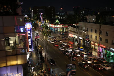 High angle view of traffic on city street at night