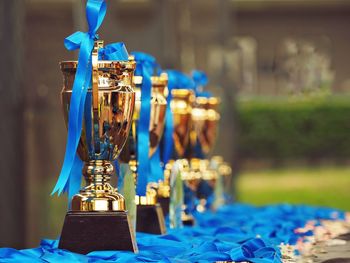 Close-up of gold trophies with blue ribbons on table