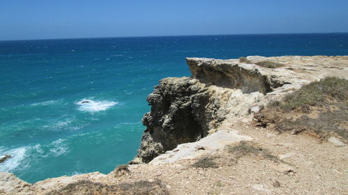 Scenic view of sea against blue sky