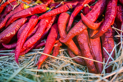High angle view of red chili peppers for sale at market