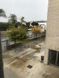 Wet buildings by river against sky in city