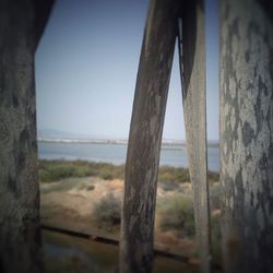 Close-up of wood on beach against sky