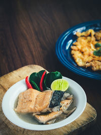 High angle view of food in plate on table